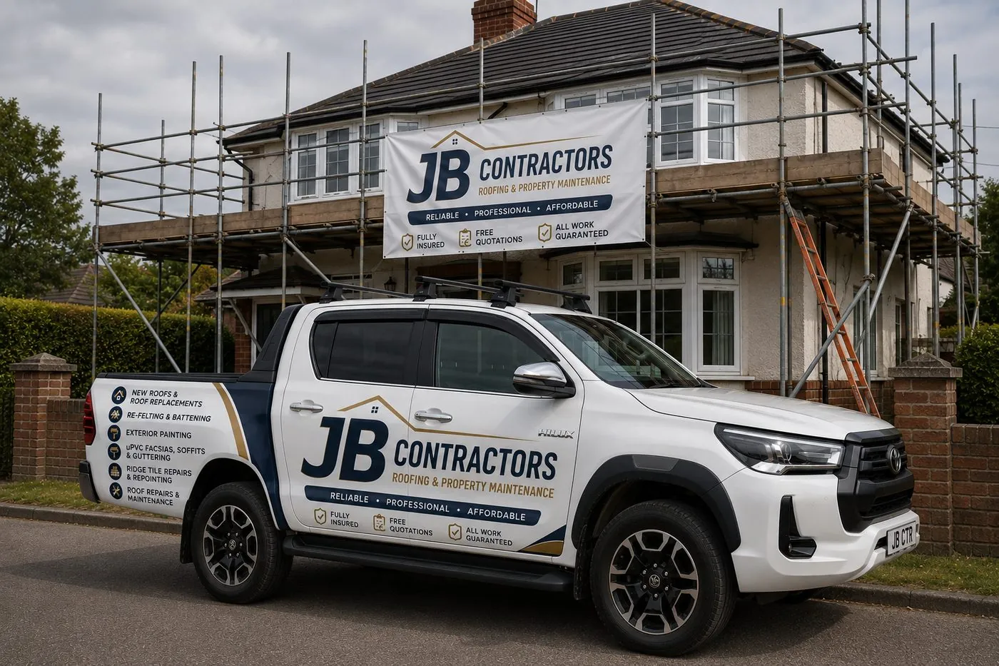 Launceston Roofing pickup truck on site at a scaffolded roofing job in Launceston